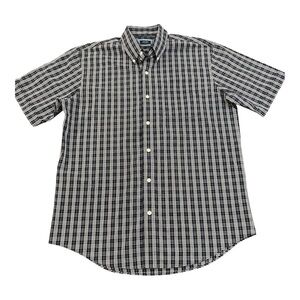 Arrow Men’s Button Down Shirt Plaid Short Sleeve Navy Blue White Size M